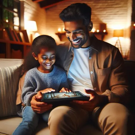 A parent and child smiling and reading a Maika-generated story on a tablet, sitting comfortably on a couch.