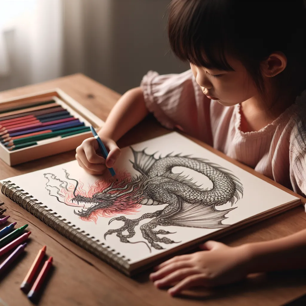 A child drawing a picture of a dragon in a notebook.