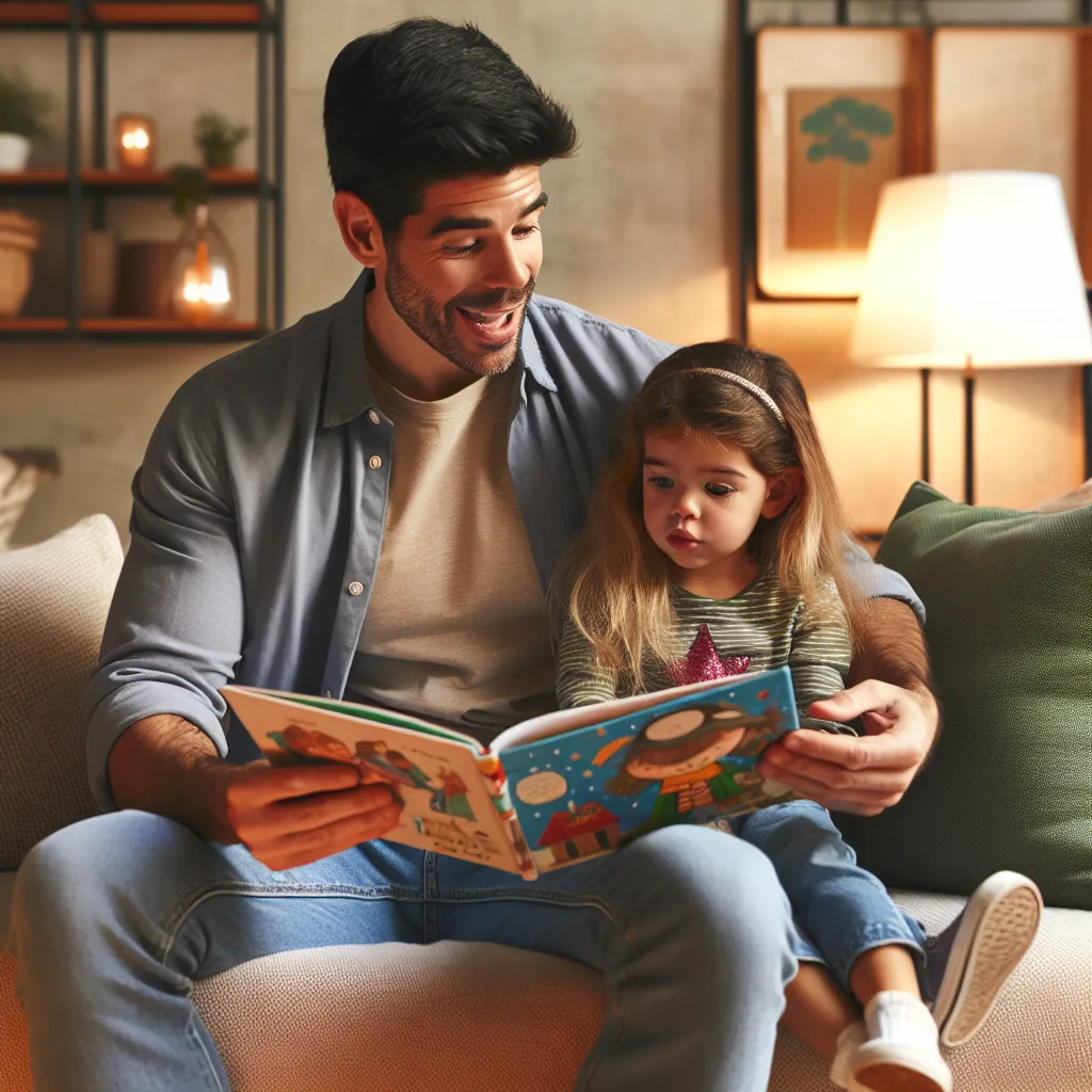 A parent and child sitting together, reading a story aloud.