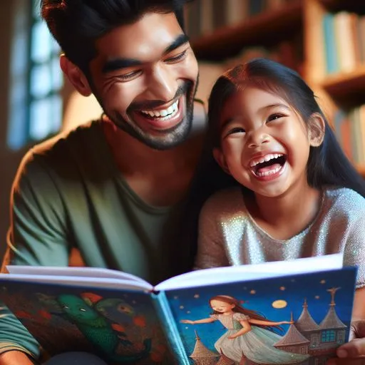 A parent and child smiling and laughing together while reading a book.