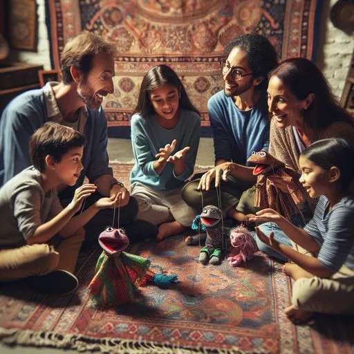 A family sitting in a circle, using puppets to tell a story.