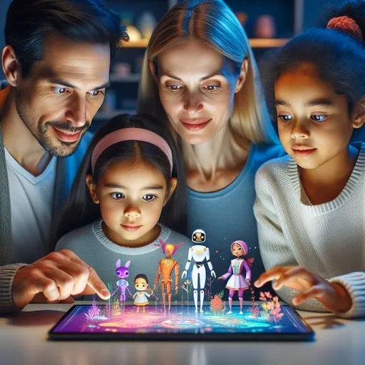 A family gathered around a tablet, looking at a personalized story created with AI.