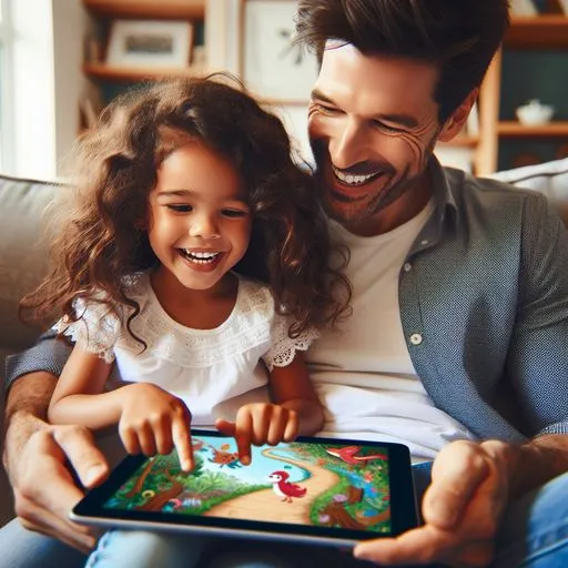 Child sitting on a parent&#x27;s lap, both smiling and looking at a tablet displaying an interactive story with colorful illustrations.