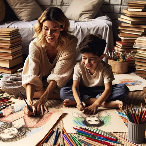 A parent and child sitting on the floor, surrounded by books and art supplies, both smiling and drawing on large sheets of paper.