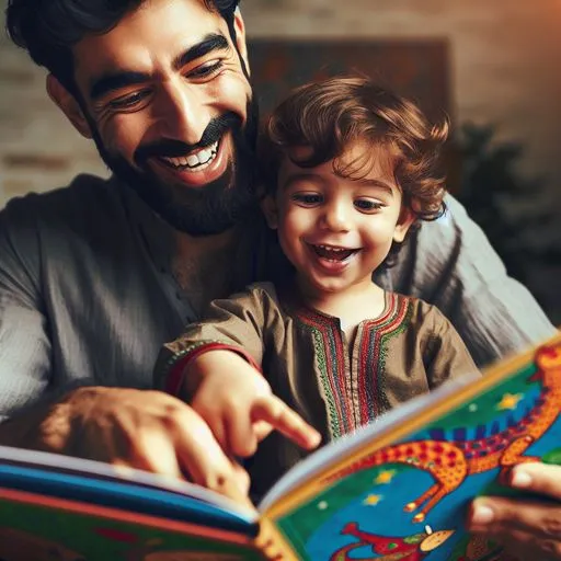 Child smiling while reading a book with their parent, both pointing at the pages