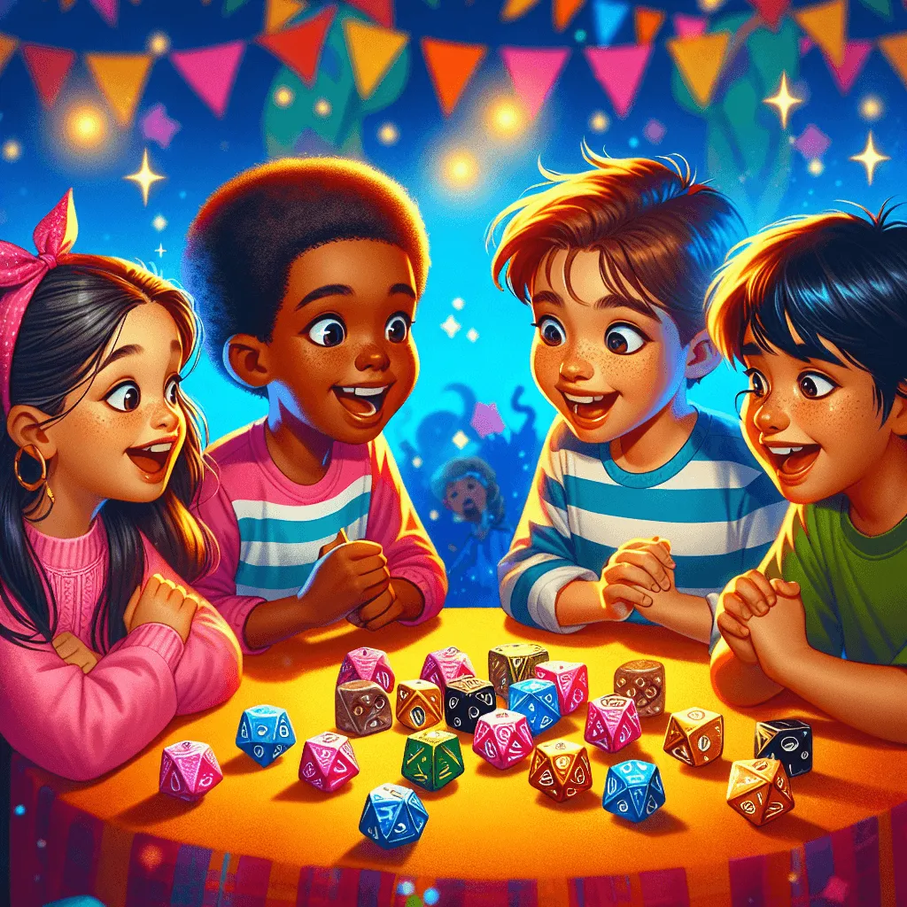 Children playing with story dice on a colorful table