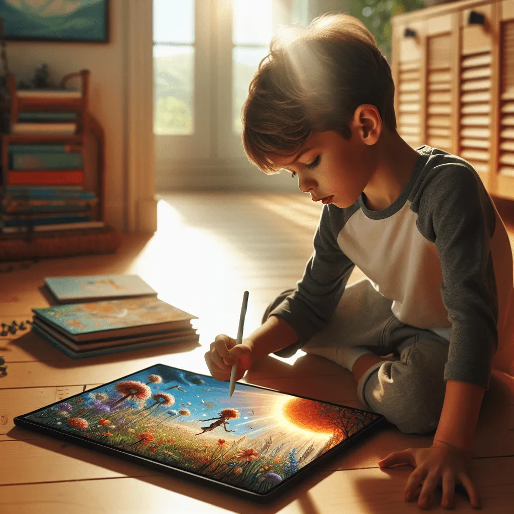 A child using a tablet to create a digital story with colorful illustrations