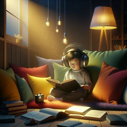 A child listening to an audiobook while relaxing in a cozy reading space.